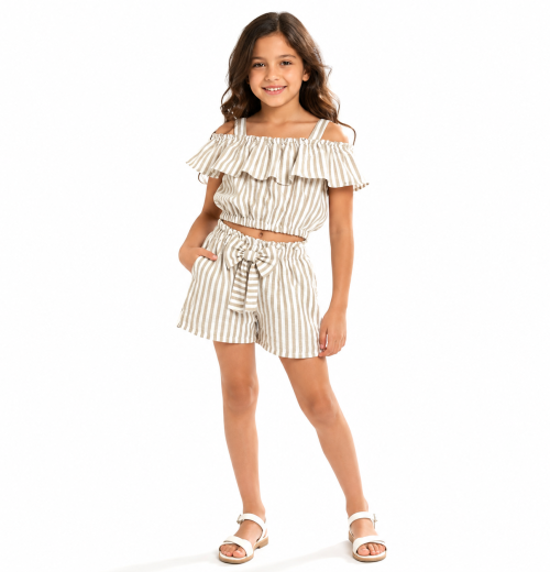 Girls 2pc Layered Stripe Top & Bow Shorts Set (4-14Y)