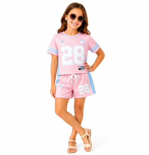 Girls 2pc Baseball T Shirt & Shorts Set with Chain Belt (4-14Y)