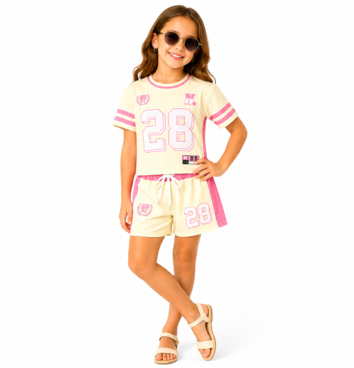 Girls 2pc Baseball T Shirt & Shorts Set with Chain Belt (4-14Y)