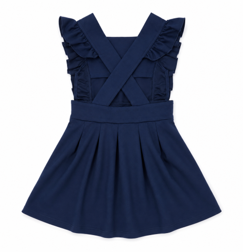 IMG 3317 Girls Navy Double Bow Ruffle Pinafore Dress (4-12y)