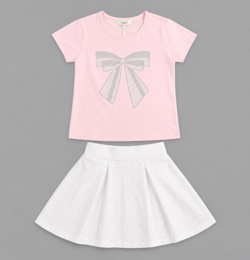 Girls 2pc Diamante Bow Top & Diamante Skirt Set (4-12y)