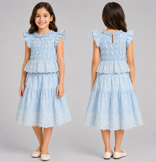 Girls 2pc Anglaise Top & Long Skirt Set (5-14Y)
