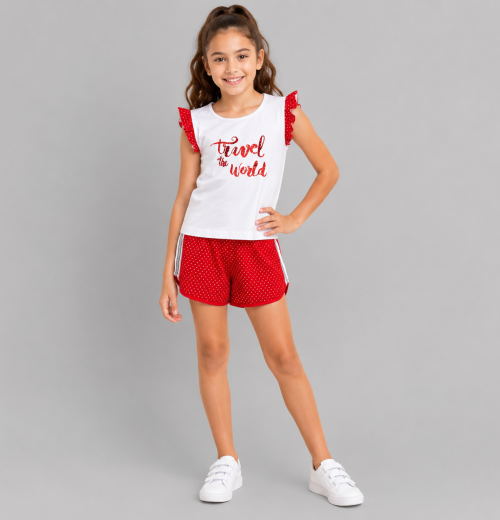 Girls 2pc Ruffle T Shirt & Polka Dot Shorts Set (8-14y)
