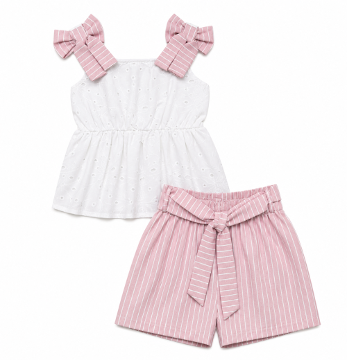IMG 3797 Girls 2pc Anglaise Bow Top & Stripe Shorts Set (4-14Y)