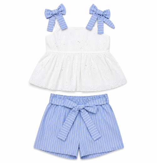 Girls 2pc Anglaise Bow Top & Stripe Shorts Set (4-14Y)