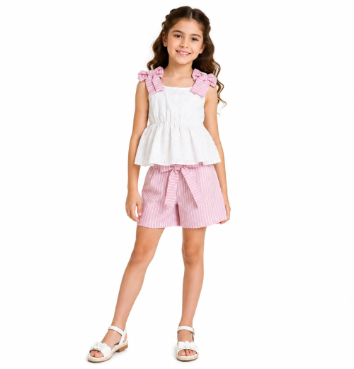 Girls 2pc Anglaise Bow Top & Stripe Shorts Set (4-14Y)