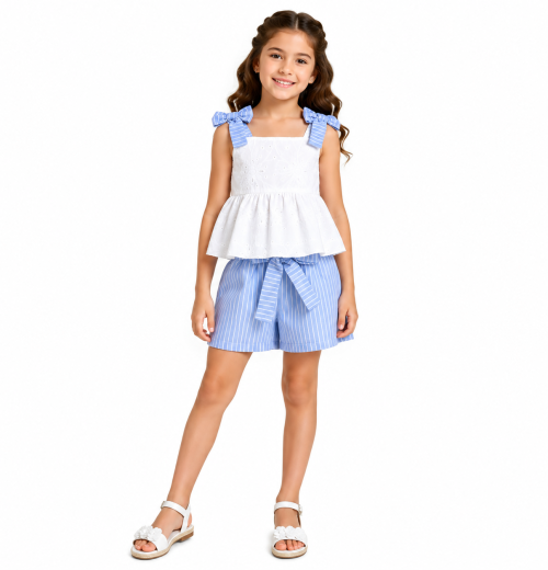 IMG 3804 Girls 2pc Anglaise Bow Top & Stripe Shorts Set (4-14Y)