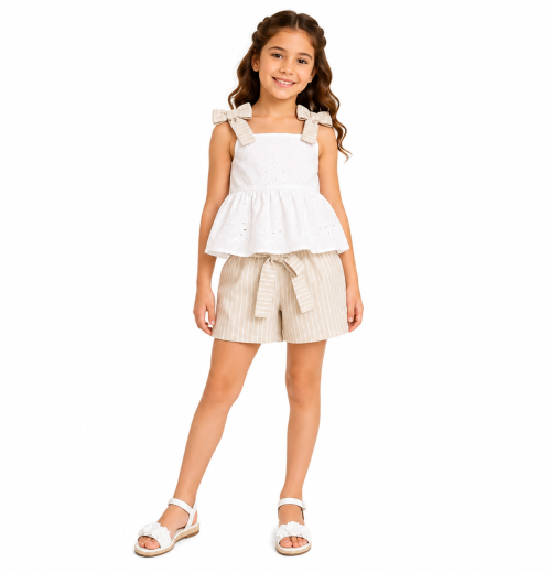Girls 2pc Anglaise Bow Top & Stripe Shorts Set (4-14Y)