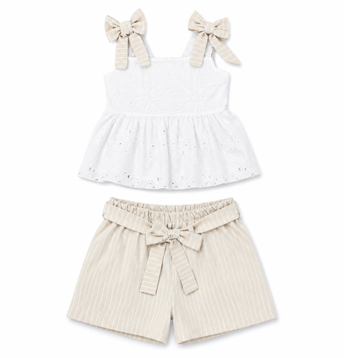 IMG 3808 Girls 2pc Anglaise Bow Top & Stripe Shorts Set (4-14Y)