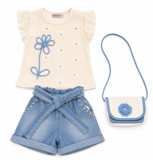 Girls 2pc Flower Embossed Diamante Top & Denim Shorts Set with Purse (3-6Y)