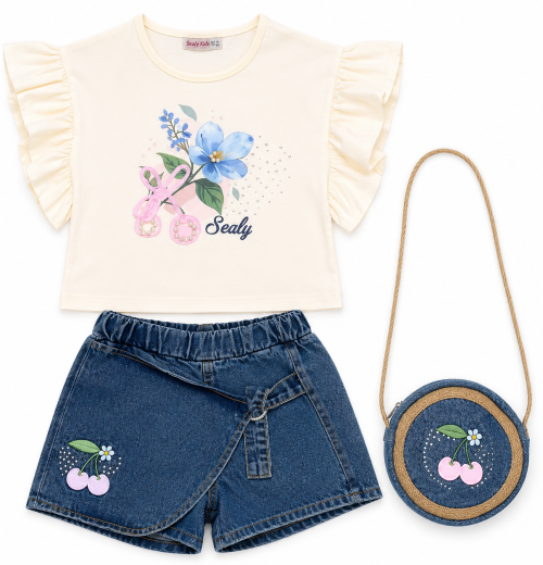 Girls 2pc Floral Diamante Ruffle Top & Denim Shorts Set with Purse (3-6Y)