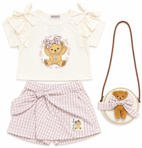 Girls 2pc Teddy Diamante Bow Top & Check Skort Set with Purse (3-6Y)