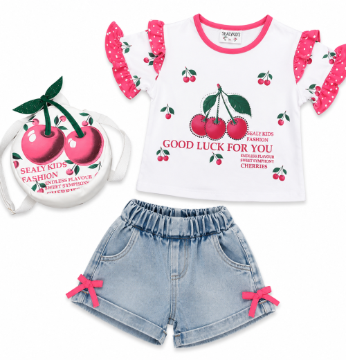 Girls 2pc Cherry Ruffle Top & Denim Bow Shorts Set with Backpack (3-6Y)