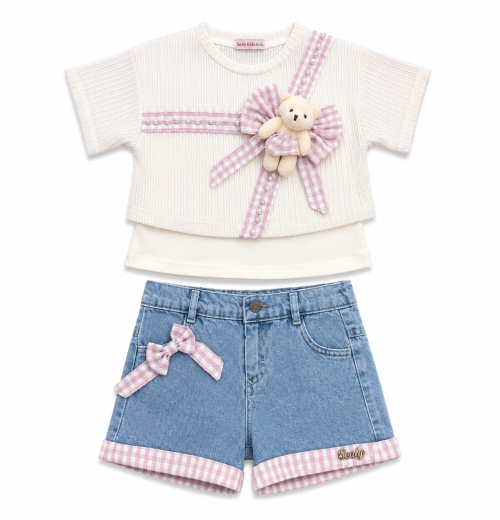 Girls 2pc Teddy Check Top & Denim Bow Shorts Set (3-6Y)