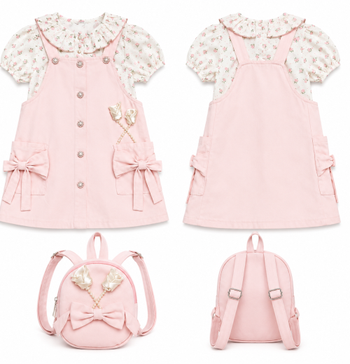 Girls 2pc Floral Top & Pearl Bow Dress Set with Backpack (3-6Y)