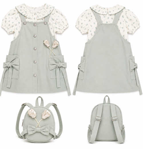 Girls 2pc Floral Top & Pearl Bow Dress Set with Backpack (3-6Y)