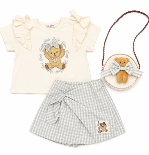 Girls 2pc Teddy Diamante Bow Top & Check Skort Set with Purse (3-6Y)
