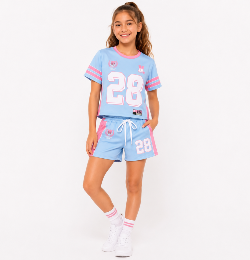 Girls 2pc Baseball T Shirt & Shorts Set with Chain Belt (4-14Y)
