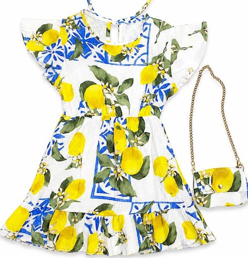 Girls Lemon Print Summer Dress with Purse (4-14Y)