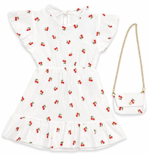 Girls Summer Cherry Print Dress with Purse (4-14Y)
