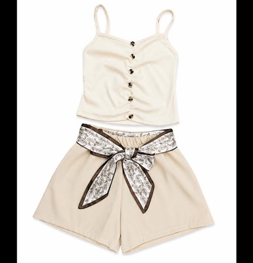 Girls 2pc Button Front Top & Shorts Set with Belt (4-14Y)