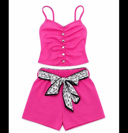 Girls 2pc Button Front Top & Shorts Set with Belt (4-14Y)