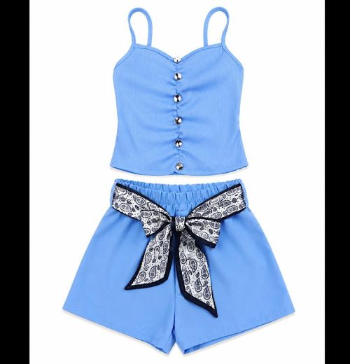 Girls 2pc Button Front Top & Shorts Set with Belt (4-14Y)