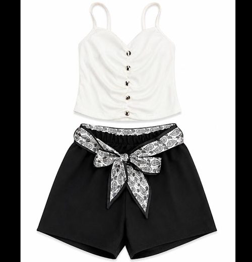 Girls 2pc Button Front Top & Shorts Set with Belt (4-14Y)