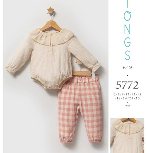 Baby Girls 2pc Collar Lace Romper Top & Check Trousers Set (6-24M)