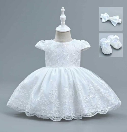 Baby Girls 3pc Embroidered Lace Party Dress with Headband & Shoes (6-24M)