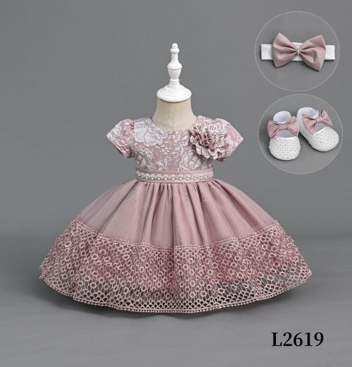 Baby Girls 3pc Jacquard Lace Party Dress with Headband & Shoes (6-24M)