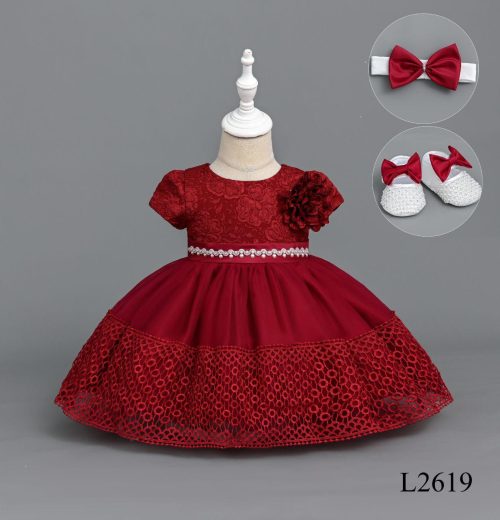 Baby Girls 3pc Jacquard Lace Party Dress with Headband & Shoes (6-24M)