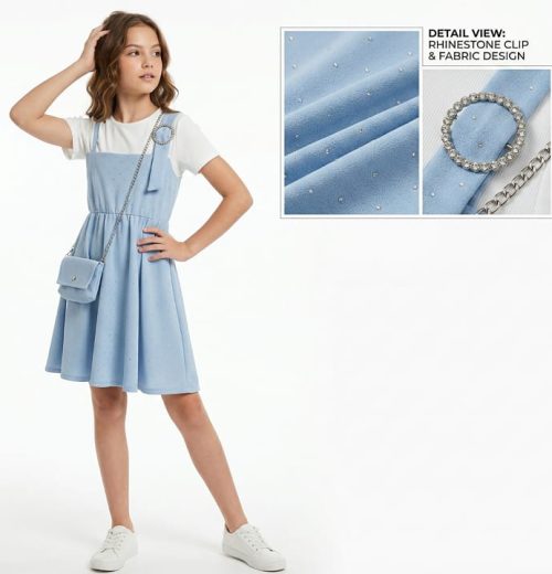 Girls Diamante Broach Dress with Purse (4-14Y)