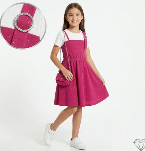 Girls Diamante Broach Dress with Purse (4-14Y)