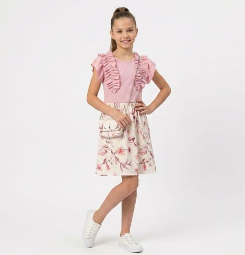 Girls Floral Ruffle Dress with Purse (4-14Y)