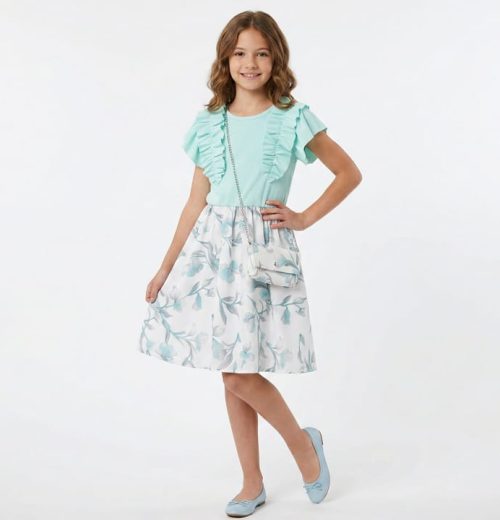 Girls Floral Ruffle Dress with Purse (4-14Y)
