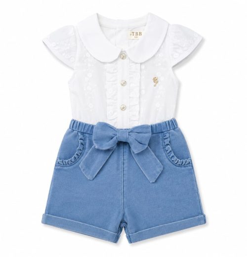 Baby Girls Ruffle Embroidered All in One Denim Play Suit (0-24M)