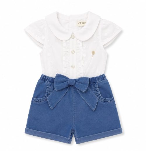Baby Girls Ruffle Embroidered All in One Denim Play Suit (0-24M)