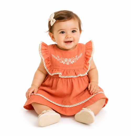 Baby Girls Layered Floral Embroidered Lace Trim Dress (6-24M)