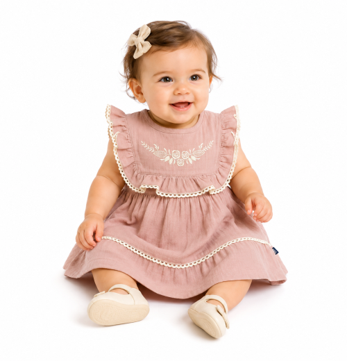 Baby Girls Layered Floral Embroidered Lace Trim Dress (6-24M)