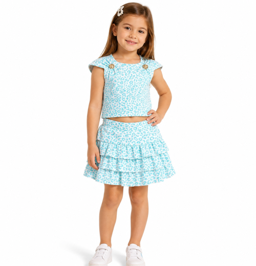 Girls 2pc Leopard Broach Top & Layered Skirt Set (4-14Y)