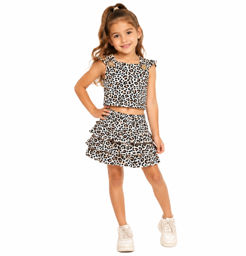 Girls 2pc Leopard Broach Top & Layered Skirt Set (4-14Y)