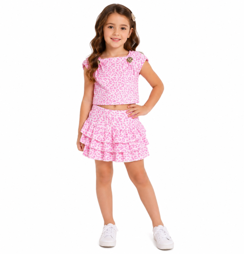 Girls 2pc Leopard Broach Top & Layered Skirt Set (4-14Y)