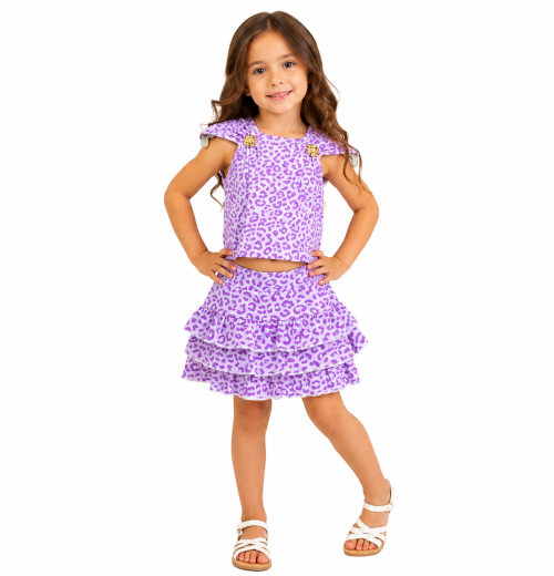Girls 2pc Leopard Broach Top & Layered Skirt Set (4-14Y)