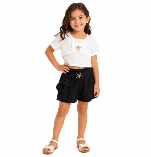 Girls 2pc Layered Broach Top & Shorts Set (4-14Y)
