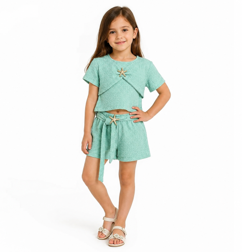 Girls 2pc Layered Broach Top & Shorts Set (4-14Y)