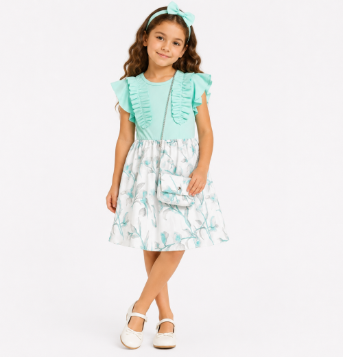 Girls Floral Ruffle Dress with Purse (4-14Y)