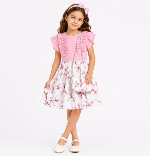 Girls Floral Ruffle Dress with Purse (4-14Y)