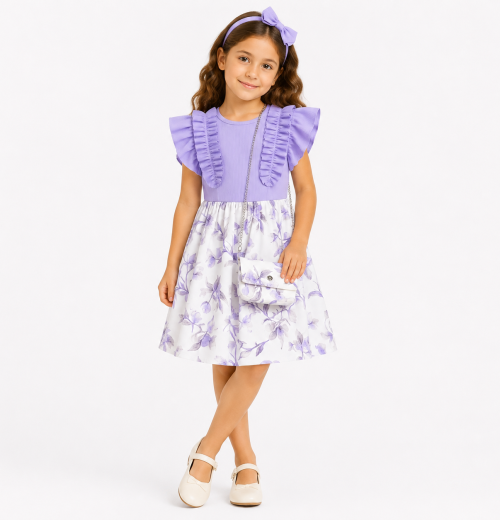 Girls Floral Ruffle Dress with Purse (4-14Y)