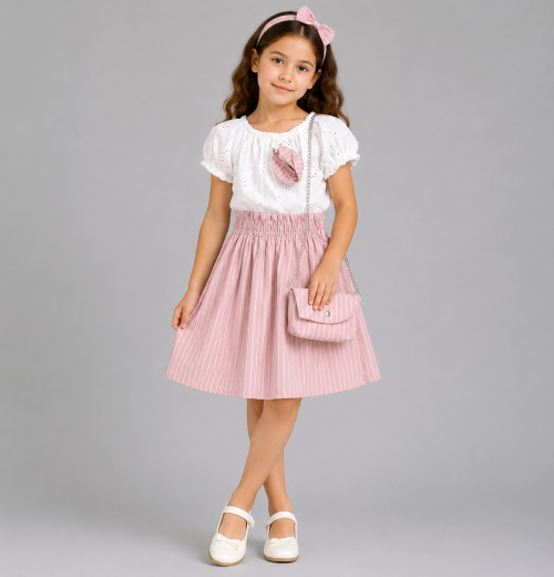 Girls Anglaise Stripe Dress with Purse (4-14Y)